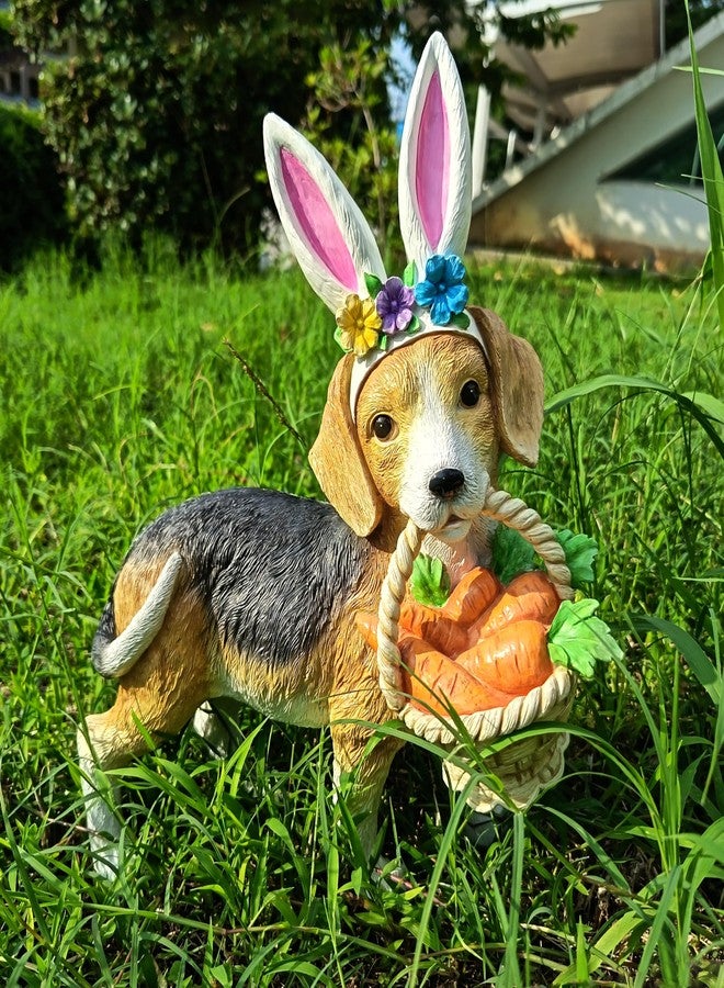 Cynkeyee Dog Garden Statue Decoration - Cute Puppy Beagle Statues with Bunny Ears Carrot Basket Figurines for Tabletop Self Floor Indoor Decor 11.5x4x10.5 inch - Image 2