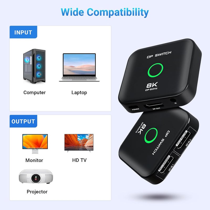 محول DP بدقة 8K، محول اختيار DP 2 مدخل و 1 مخرج يدعم 48 جيجابت في الثانية 8K@60Hz 4K@144Hz 4K@120Hz 4K@60Hz لأجهزة PS5 وHDTV وXbox وFire Stick - Image 4
