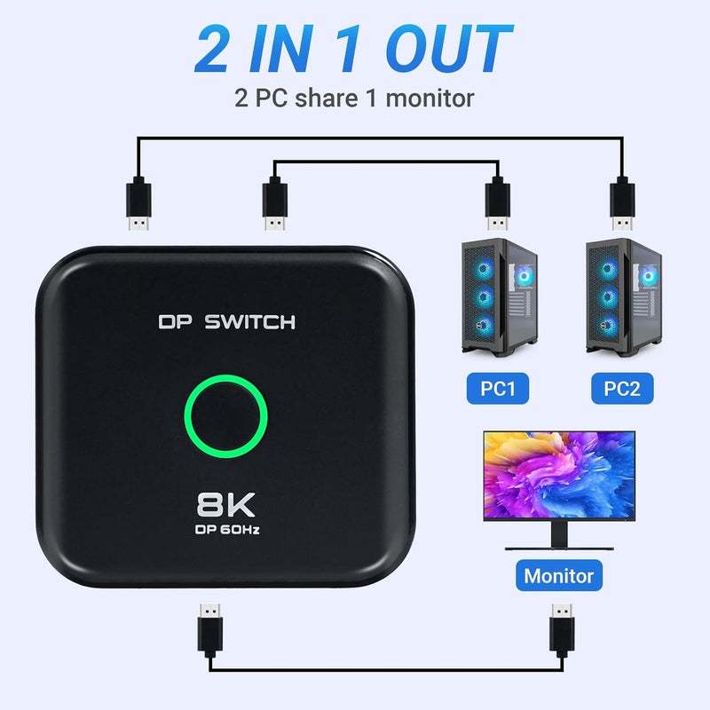 محول DP بدقة 8K، محول اختيار DP 2 مدخل و 1 مخرج يدعم 48 جيجابت في الثانية 8K@60Hz 4K@144Hz 4K@120Hz 4K@60Hz لأجهزة PS5 وHDTV وXbox وFire Stick - Image 2