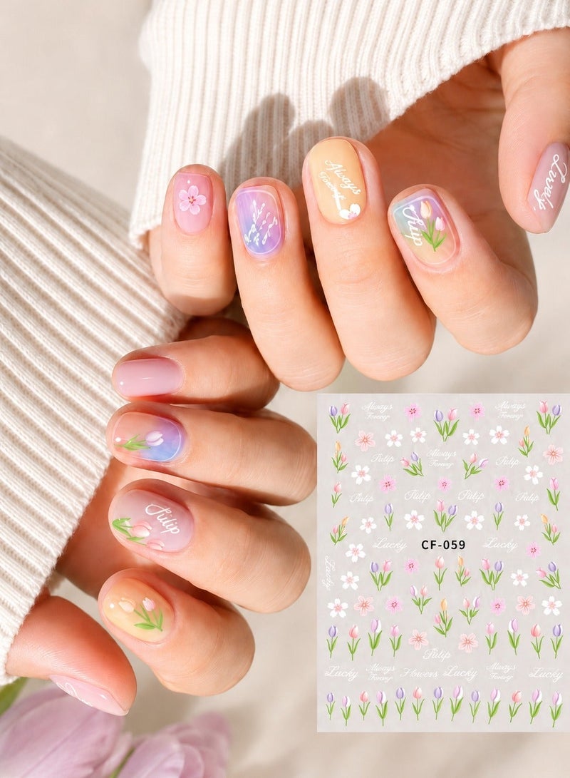 Self-Adhesive Nail Art Stickers With Pink Tulip And Floral Designs For Spring And Summer Manicure, 1 Sheet, 9.5 × 6.5 cm - Image 1