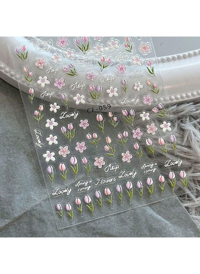 Self-Adhesive Nail Art Stickers With Pink Tulip And Floral Designs For Spring And Summer Manicure, 1 Sheet, 9.5 × 6.5 cm - Image 5