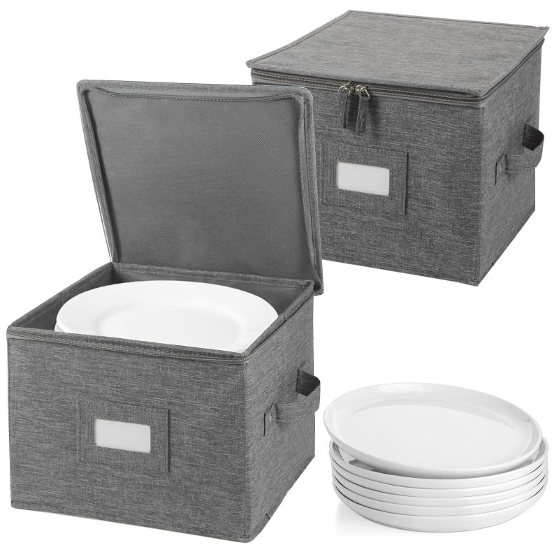 popoly China Storage Containers Hard Shell Inside 10 W x 8 H Salad Plate Storage Containers for Dishes Dinnerware with 24 Felt Dividers Hold 24 Plates Foldable and Stackable 2 Pack Grey