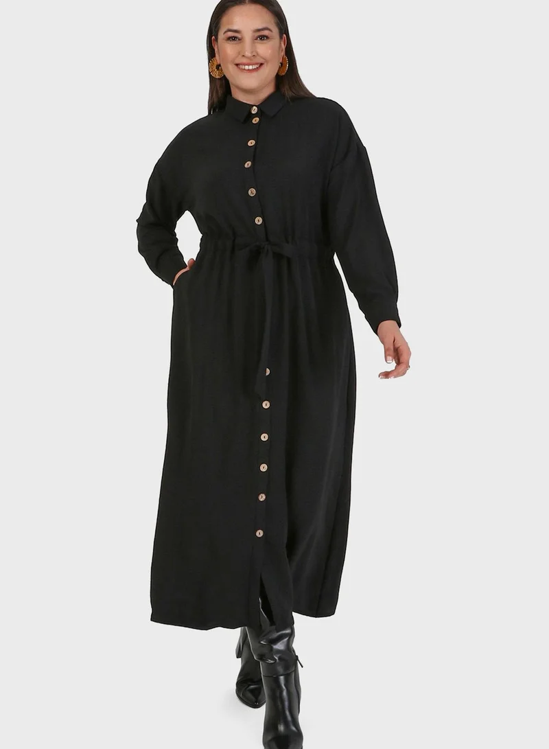 Alia by modanisa Button Down Ruched Waist Shirt Dress
