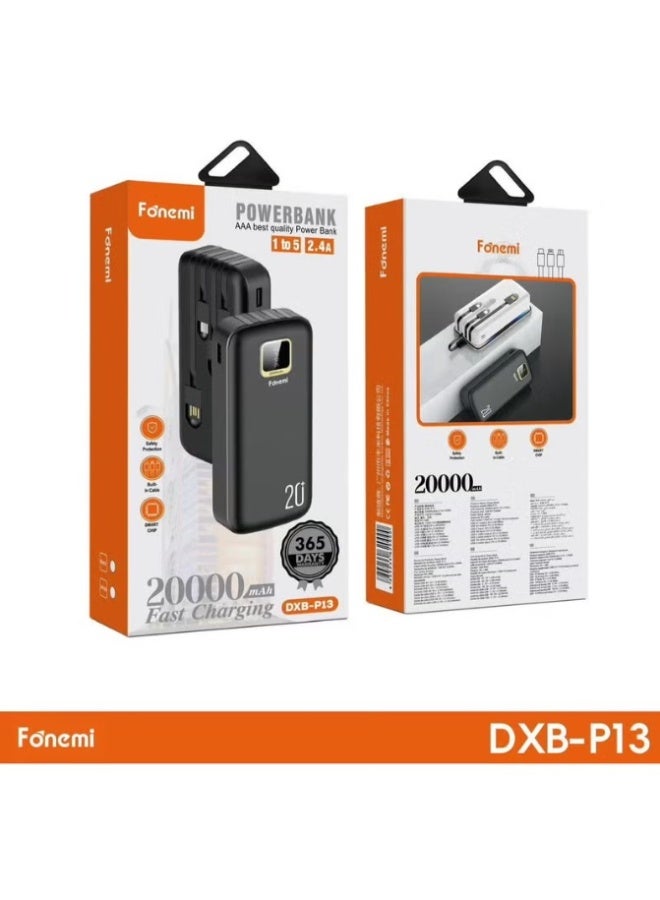 Fonemi DXB-P13 20000mAh Fast Charging Power Bank Built-in Cable Dual USB Smart Protection 1 Year Warranty