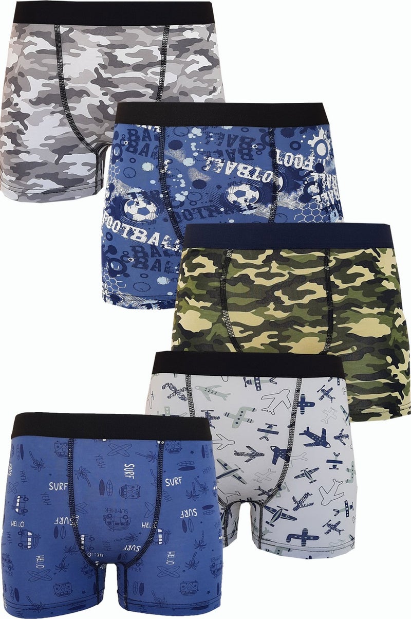Rivaling All, 5-Piece Boy's Patterned Boxer, Cheerful, Economical Cotton Long Johns
