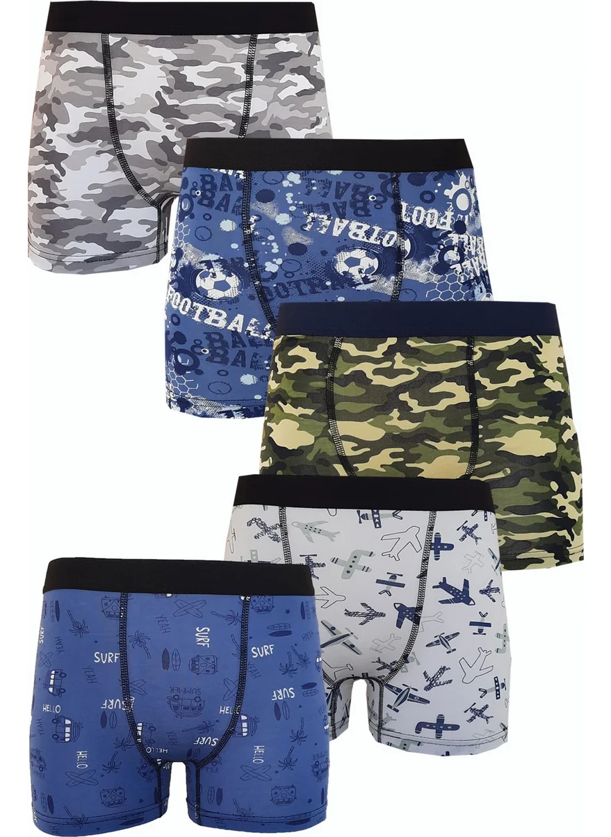 Hepsine Rakip Rivaling All, 5-Piece Boy's Patterned Boxer, Cheerful, Economical Cotton Long Johns