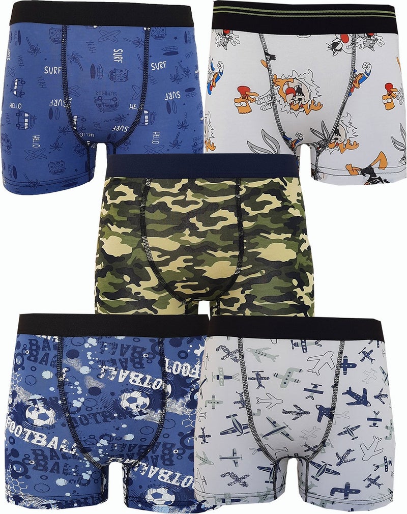 Rivaling All, 5-Piece Boy's Patterned Boxer, Cheerful, Economical Cotton Long Johns
