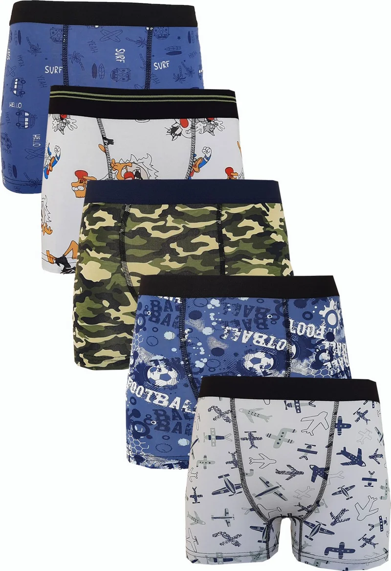 Hepsine Rakip Rivaling All, 5-Piece Boy's Patterned Boxer, Cheerful, Economical Cotton Long Johns