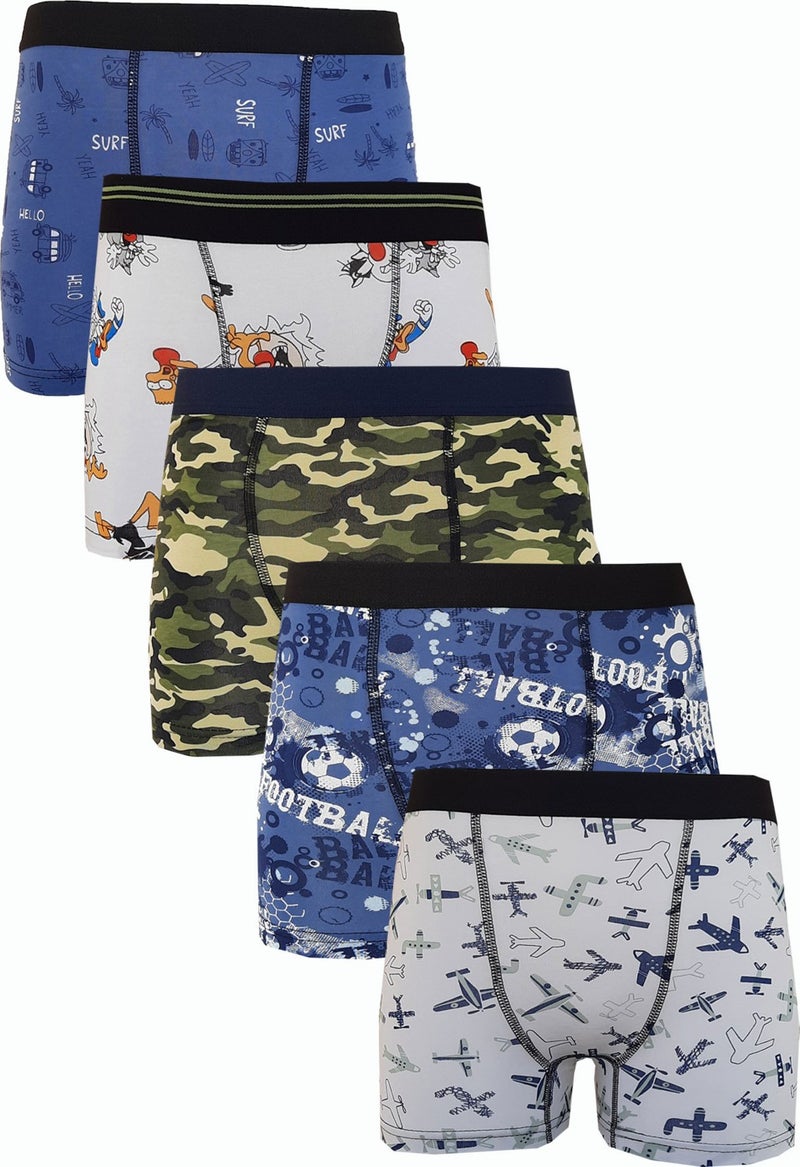 Rivaling All, 5-Piece Boy's Patterned Boxer, Cheerful, Economical Cotton Long Johns