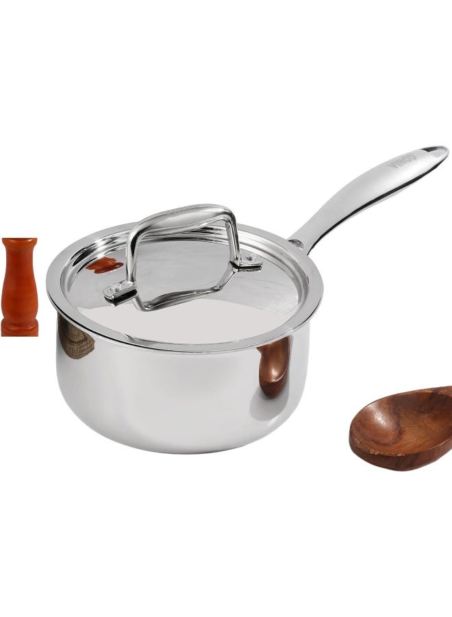 VINOD Platinum Triply Stainless Steel Saucepan with Lid - 1.2 Litres (14 cm) | 2.5 mm Thick | Tea, Chai Pan | | Induction & Gas Friendly, Heavy Bottom - Silver - Image 1