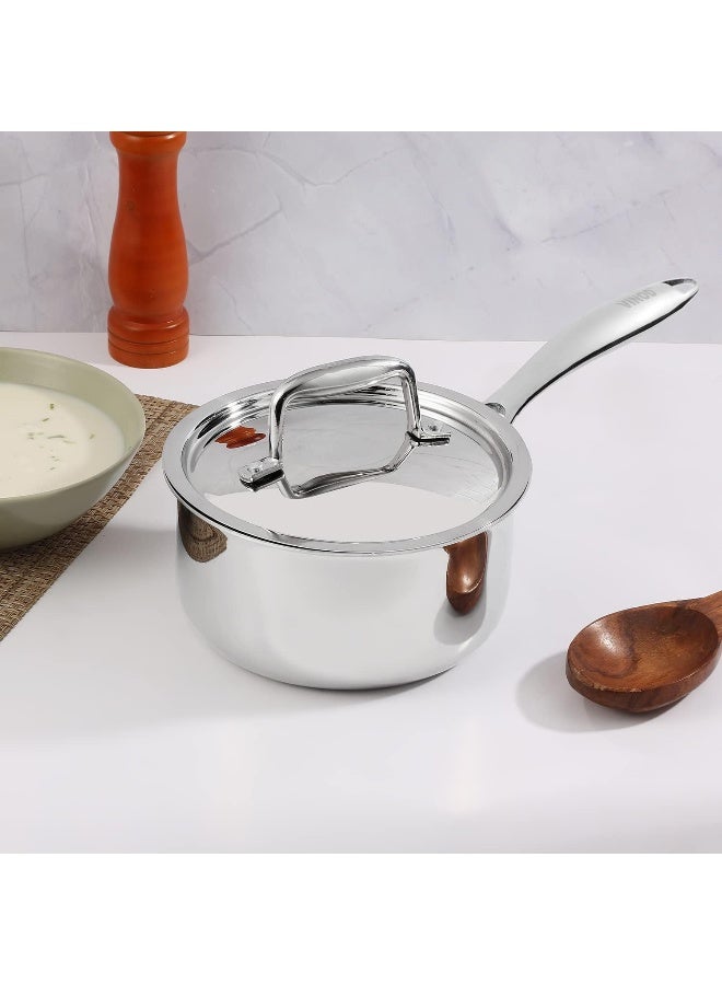 VINOD Platinum Triply Stainless Steel Saucepan with Lid - 1.2 Litres (14 cm) | 2.5 mm Thick | Tea, Chai Pan | | Induction & Gas Friendly, Heavy Bottom - Silver - Image 2