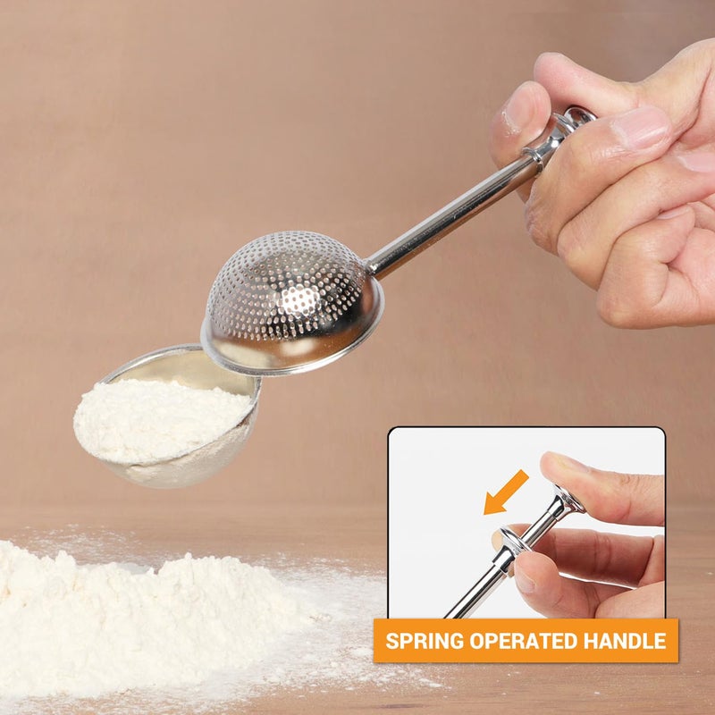HULISEN Set of 2 Flour Duster for Baking, Powdered Sugar Shaker Duster, 18/8 Stainless Steel Pick Up and Dust Flour Sifter with Spring-operated Handle for Easy One-handed Operation - Image 2