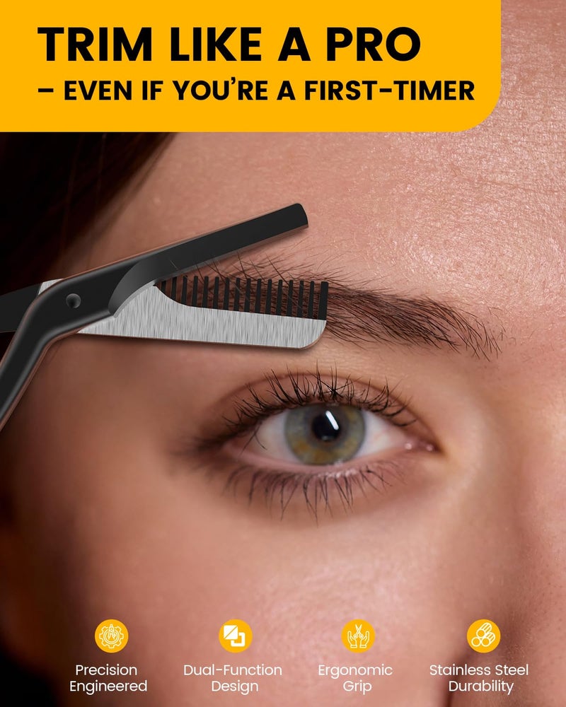 BEZOX Eyebrow Scissors with Comb - Stainless Steel Eyebrow Trimmer for Women and Men, Precision Eye Brow Comb Scissors, Sleek Eyebrows Shaping Grooming Kit - Black - Image 2