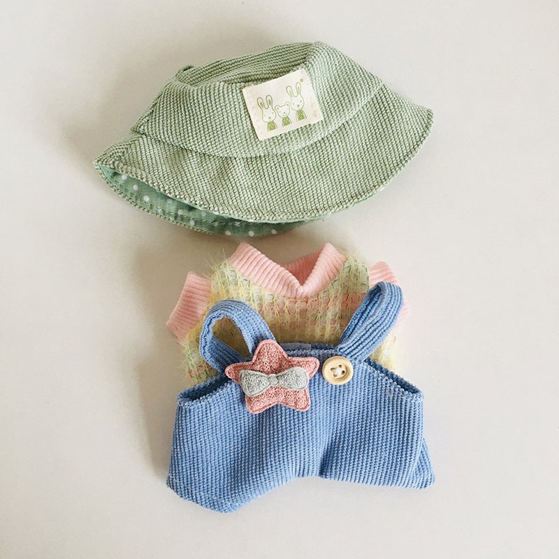 17cm Plush Doll Rubber T-Shirt Suspenders Outfit Green Open Hat Rainbow Sweater Blue Strap Pants