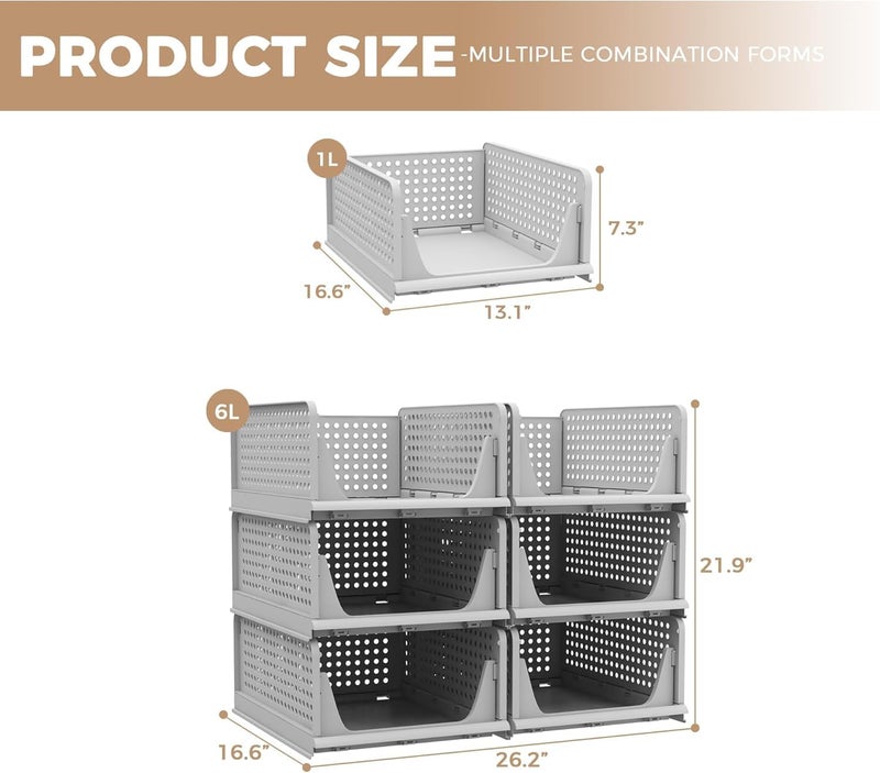 VERAT Plastic Foldable Stackable Organizers Rack Drawer Shelf Storage Container for Home Wardrobe Cupboard 6 pcs - Image 2