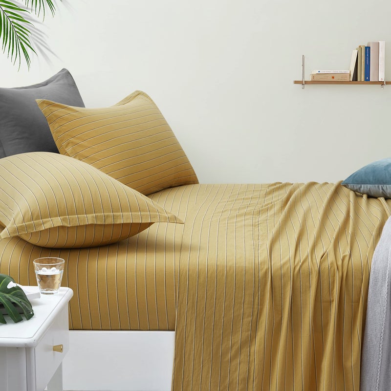 Eikei Retro Striped Washed Cotton Chambray Fitted Sheet Set Casual Mid Century Modern Style Pinstripe Bedding Set Relaxed Soft Feel Natural Wrinkled Look Mustard Yellow King