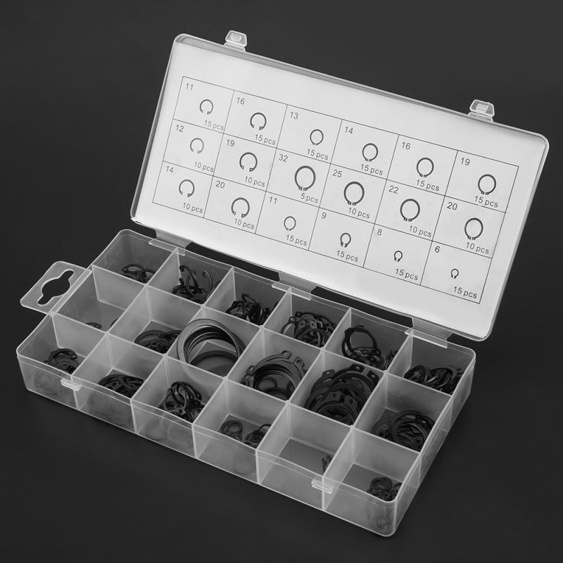 Circlip Set: 225 Pieces 18 Sizes Internal & External Metal Circlips - Resealable Plastic Storage Box for Machinery Repair & DIY Projects - Image 1