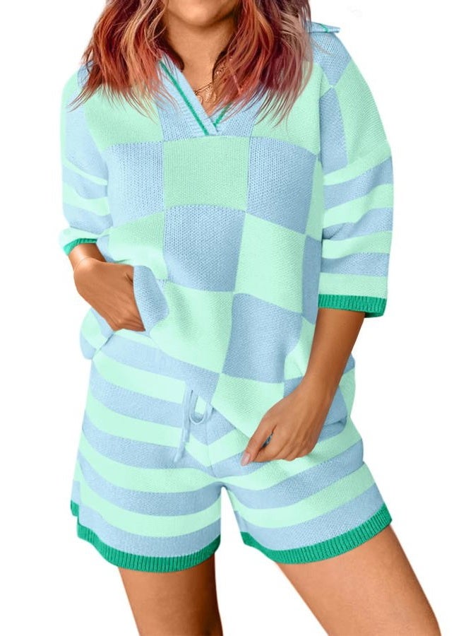 Aoysky Womens 2 Piece Outfits Sweater Sets Color Block Striped Half Sleeve V Neck Knit Tops Shorts Lounge Matching Set, Light Blue, S - Image 1
