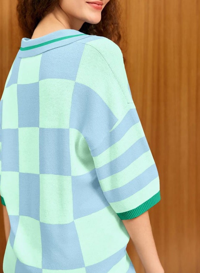 Aoysky Womens 2 Piece Outfits Sweater Sets Color Block Striped Half Sleeve V Neck Knit Tops Shorts Lounge Matching Set, Light Blue, S - Image 4