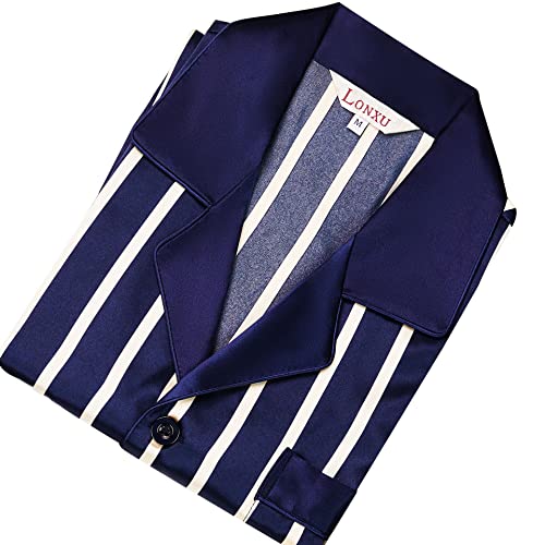 Lonxu Pajamas Set Mens Silk Satin Pajamas Long Sleeve Loungewear Two-Piece Sleepwear Button-Down Pj Set S-XXXXL (Navy Blue, M) - Image 5