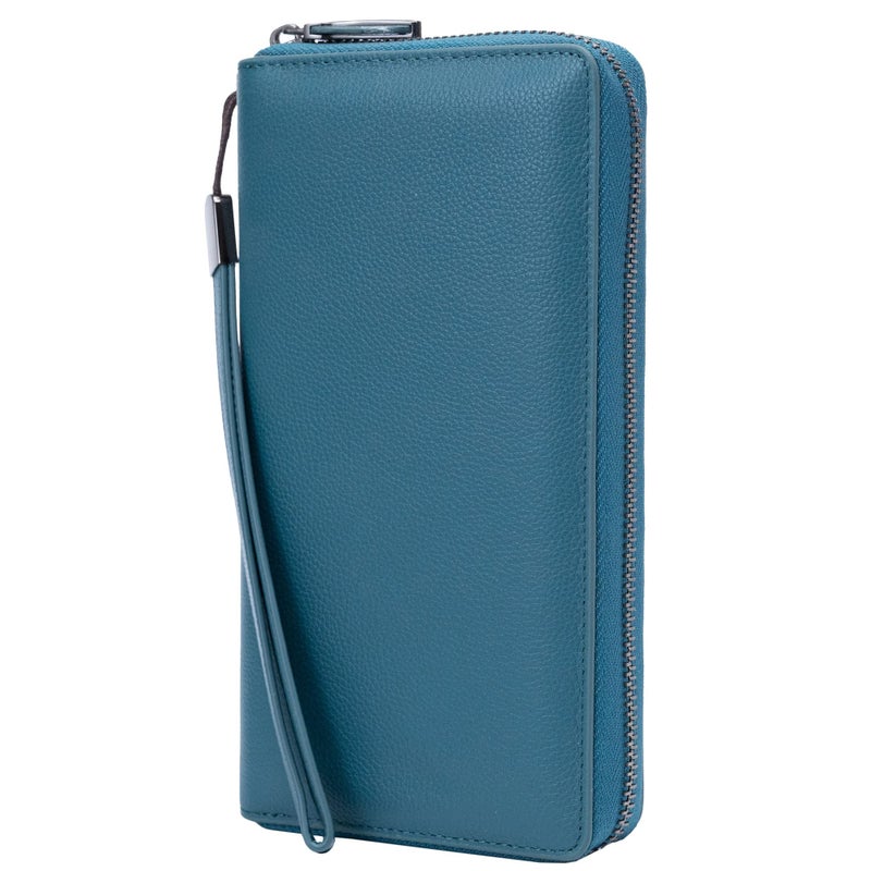 Bveyzi Women RFID Blocking Wallet Leather Zip Around Phone Clutch Large Capacity Ladies Travel Purse Wristlet Lake Blue
