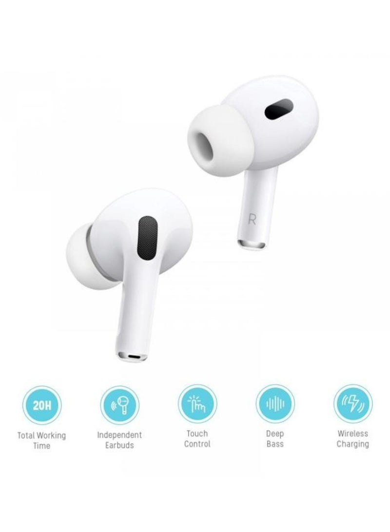 Earbuds Pro 2 With Swipe Volume, 20 Hours Working Time, Wireless Charging, Deep Bass, Independent Earbuds, Touch Control - White