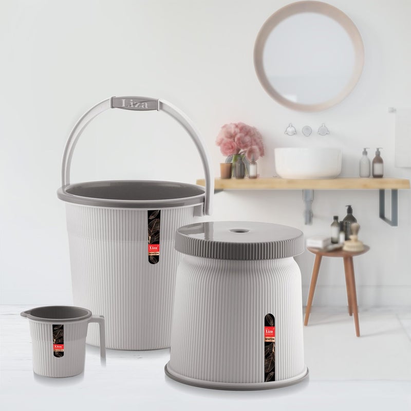 Liza Liza Newton 11Piece Complete Bathroom Essential Set for Home, Kitchen & Bathroom Includes 20L Bucket, 18 L Tub, Big Stool, Dustbin, and More (Pack of 11) Light Grey - Image 3