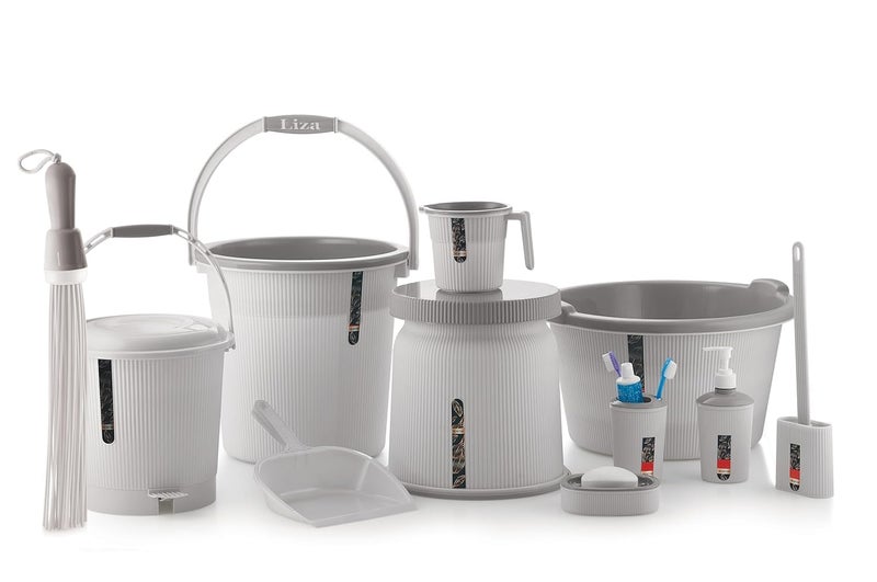 Liza Liza Newton 11Piece Complete Bathroom Essential Set for Home, Kitchen & Bathroom Includes 20L Bucket, 18 L Tub, Big Stool, Dustbin, and More (Pack of 11) Light Grey - Image 1