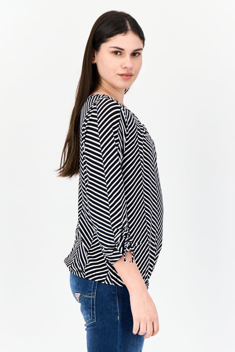 ADRIENNE VITTADINI Women Round Neck Herringbone 3/4 Sleeve Blouse, Multicolor - Image 2