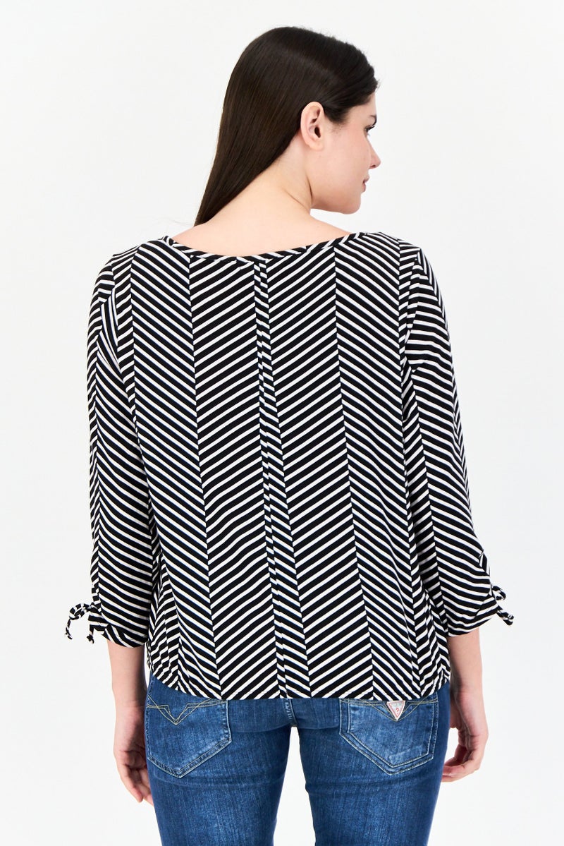 ADRIENNE VITTADINI Women Round Neck Herringbone 3/4 Sleeve Blouse, Multicolor - Image 3