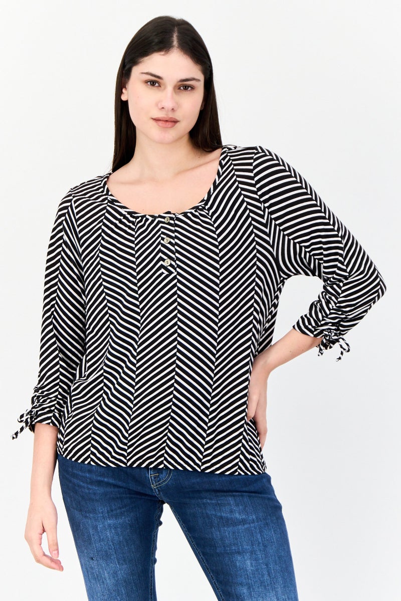 ADRIENNE VITTADINI Women Round Neck Herringbone 3/4 Sleeve Blouse, Multicolor - Image 1