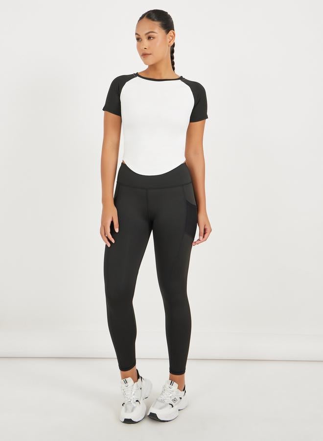 Styli Color Block Side Ruched Curved Hem Short Sleeve Top  - Image 2