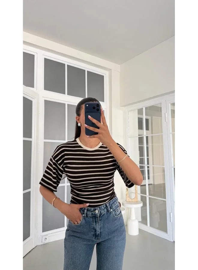 Gaus Bitter Coffee Striped Side Zipper Blouse GAUS-01715.