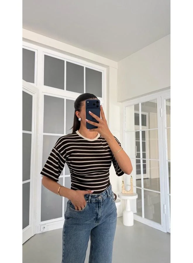 Gaus Bitter Coffee Striped Side Zipper Blouse GAUS-01715.