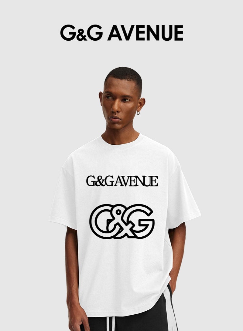 G&G AVENUE Men's retro oversized T-shirt with letter pattern printed round neck short top, street clothing, cotton short sleeves, white  - Image 1