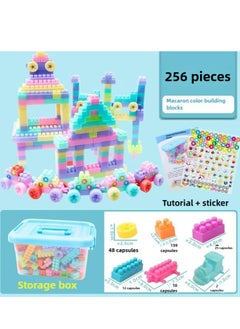 256 macaron building blocks, children's building blocks, toys with storage boxes, durable and easy to carry building block toys [2 locomotives]