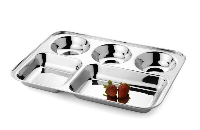 5 IN 1 HEAVY DUTY STAINLESS STEEL RECTANGLE DINNER PLATE KITCHEN AND DINING EXTRA DEEP COMPARTMENT DIVIDED PLATE | THALI | MESS TRAY | PAVBHAJI TRAY | DOSA TRAY | MENDUWADA TRAY. (PACK OF 5)