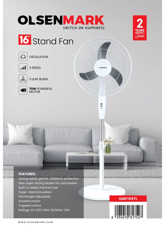 16-inch Stand Fan with 3-Blade Design, 3-Speed Settings, Adjustable Pitch & Oscillation, High-Performance Motor, Ideal for Home, Office, Garage, & More 70 W OMF1697L White