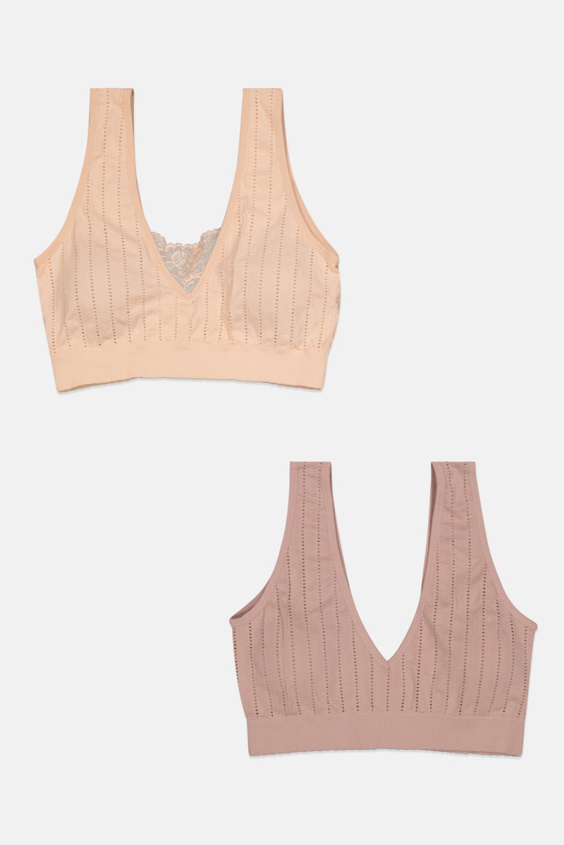 Real Women 2 Pack Lightly Padded Seamless Textured Bralette, Tan  - Image 1