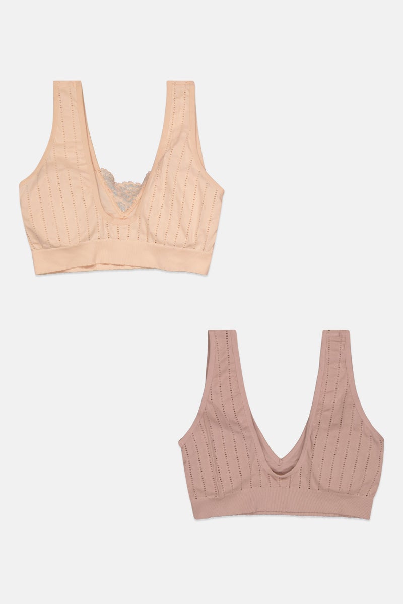 Real Women 2 Pack Lightly Padded Seamless Textured Bralette, Tan  - Image 2
