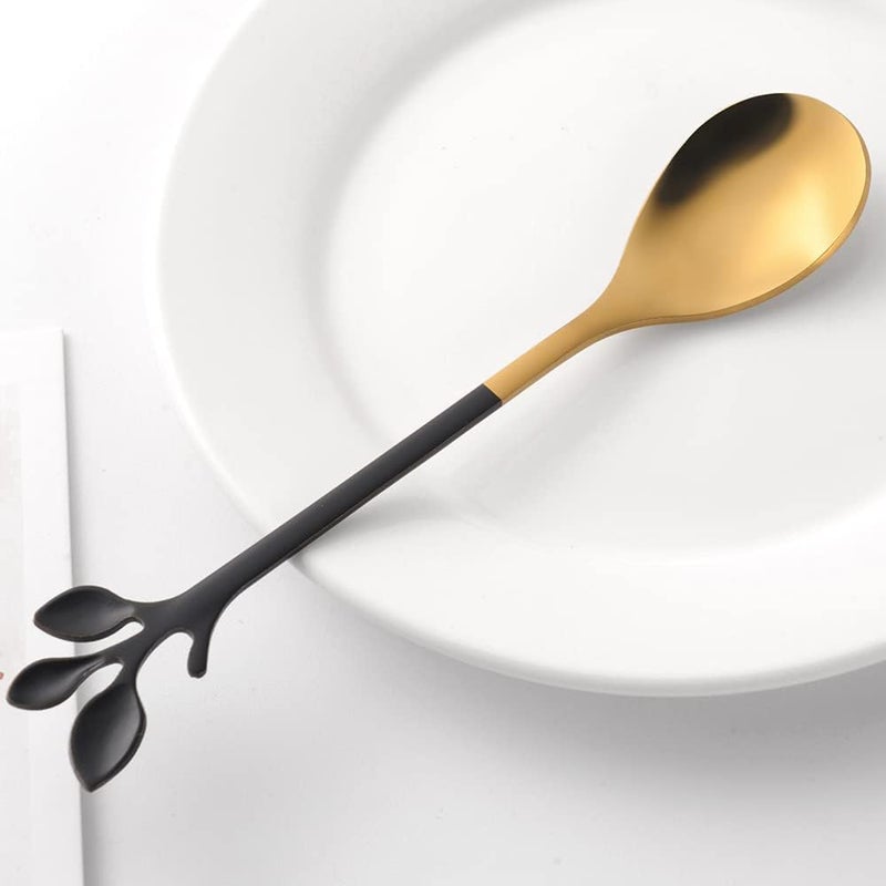 AnSaw ملعقة قهوة بمقبض على شكل ورقة، 10 قطع 4.7 ملاعق صغيرة، ملاعق حلوى إبداعية سوداء وذهبية، فولاذ مقاوم للصدأ عالي الجودة للطعام، تشطيب مرآة وآمنة للغسالة (أسود ذهبي - 10 ملاعق) | ملاعق بمقبض على شكل ورقة من الفولاذ المقاوم للصدأ، ملاعق صغيرة، ملاعق إسبريسو، ملاعق شاي، ملاعق حلوى، ملاعق ديميتاس - Image 3