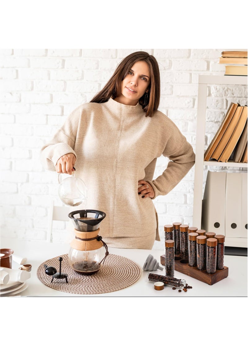 شو وو مجموعة من ١٢ أنبوبًا لتخزين حبوب البن، وأقبية زجاجية مع حامل خشبي، وقوارير قياس بأغطية وقمع لتخزين توابل شاي البن، سعة ٢ أونصة. - Image 5