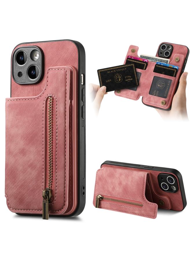 The Bros Case For iPhone 14 Plus Retro Leather Zipper Wallet Back Phone Case 