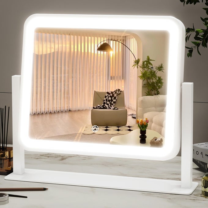 14X12VANITY MIRROR LIGHTED MAKEUP MIRROR FOR VANITY DESK SMART TOUCH CONTROL 360 ROTATION 3COLOR MODES BEDROOM WHITE