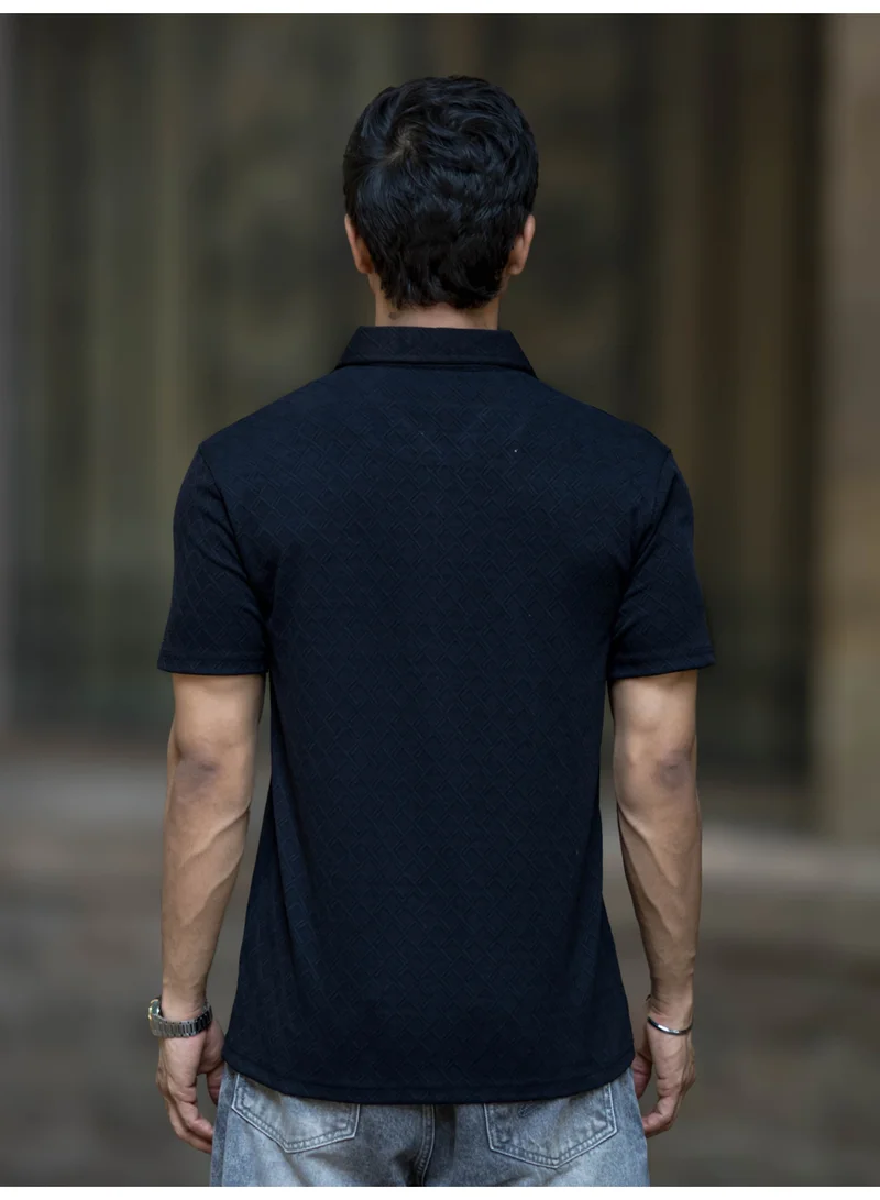 Maniac Maniac Mens Half Zipper Textured Frank Polo Neck Half Sleeve Black Cotton Polo T-Shirt