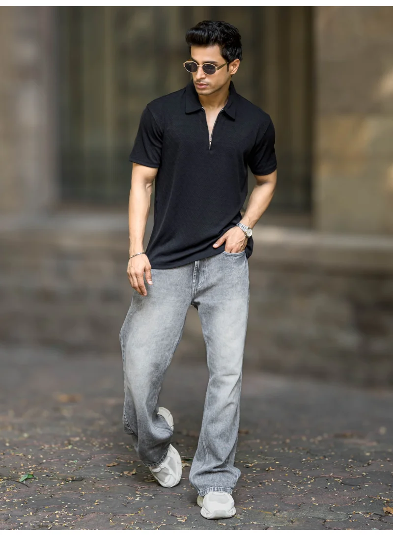 Maniac Maniac Mens Half Zipper Textured Frank Polo Neck Half Sleeve Black Cotton Polo T-Shirt