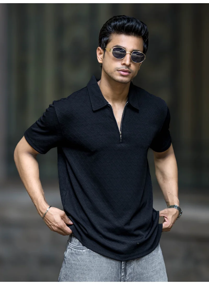 Maniac Maniac Mens Half Zipper Textured Frank Polo Neck Half Sleeve Black Cotton Polo T-Shirt