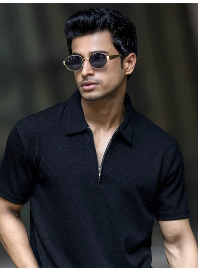 Maniac Maniac Mens Half Zipper Textured Frank Polo Neck Half Sleeve Black Cotton Polo T-Shirt