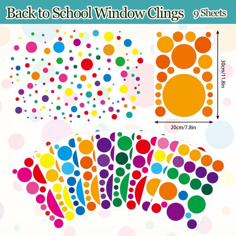 Whaline وايلين 194 قطعة ملصقات نوافذ ملونة للنوافذ للعودة إلى المدرسة بنقاط ملونة كبيرة وصغيرة مزدوجة الجوانب لتزيين غرفة الطلاب والفصول الدراسية وغرفة اللعب - Image 4