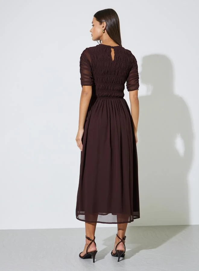 Styli  Brown Solid Smoked Details A-Line Maxi Dress for Women | Best Price UAE